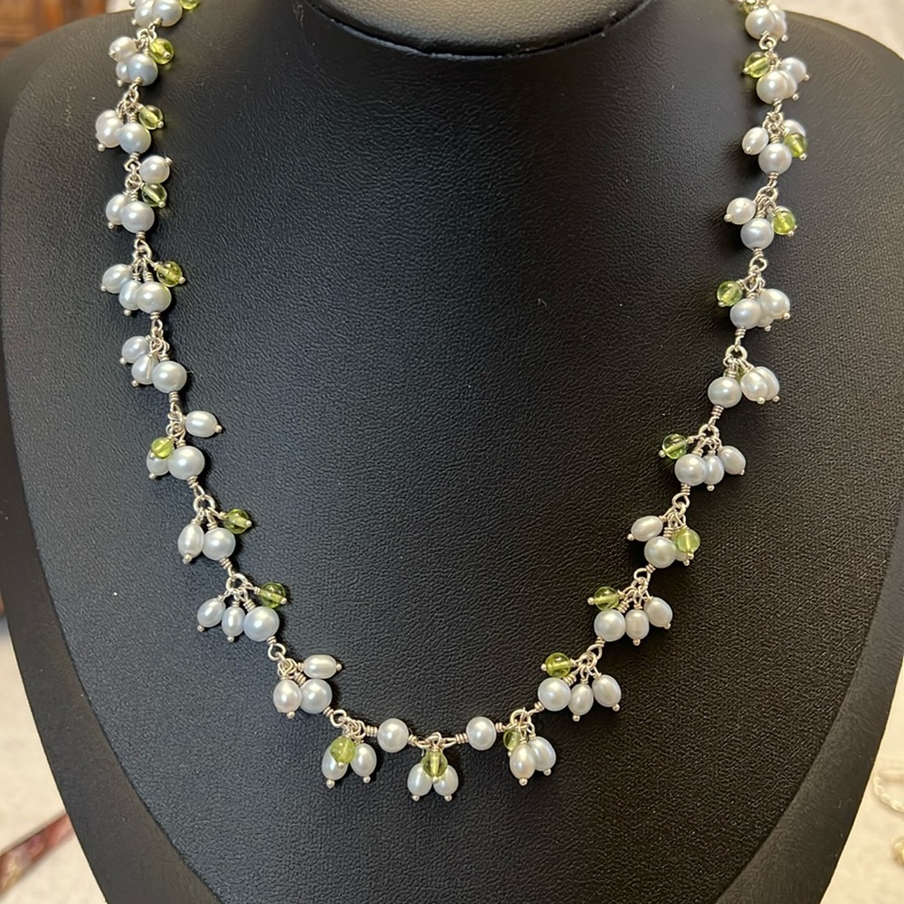 Sterling Silver Baby Blue Freshwater Pearl & Green Glass Bead Necklace